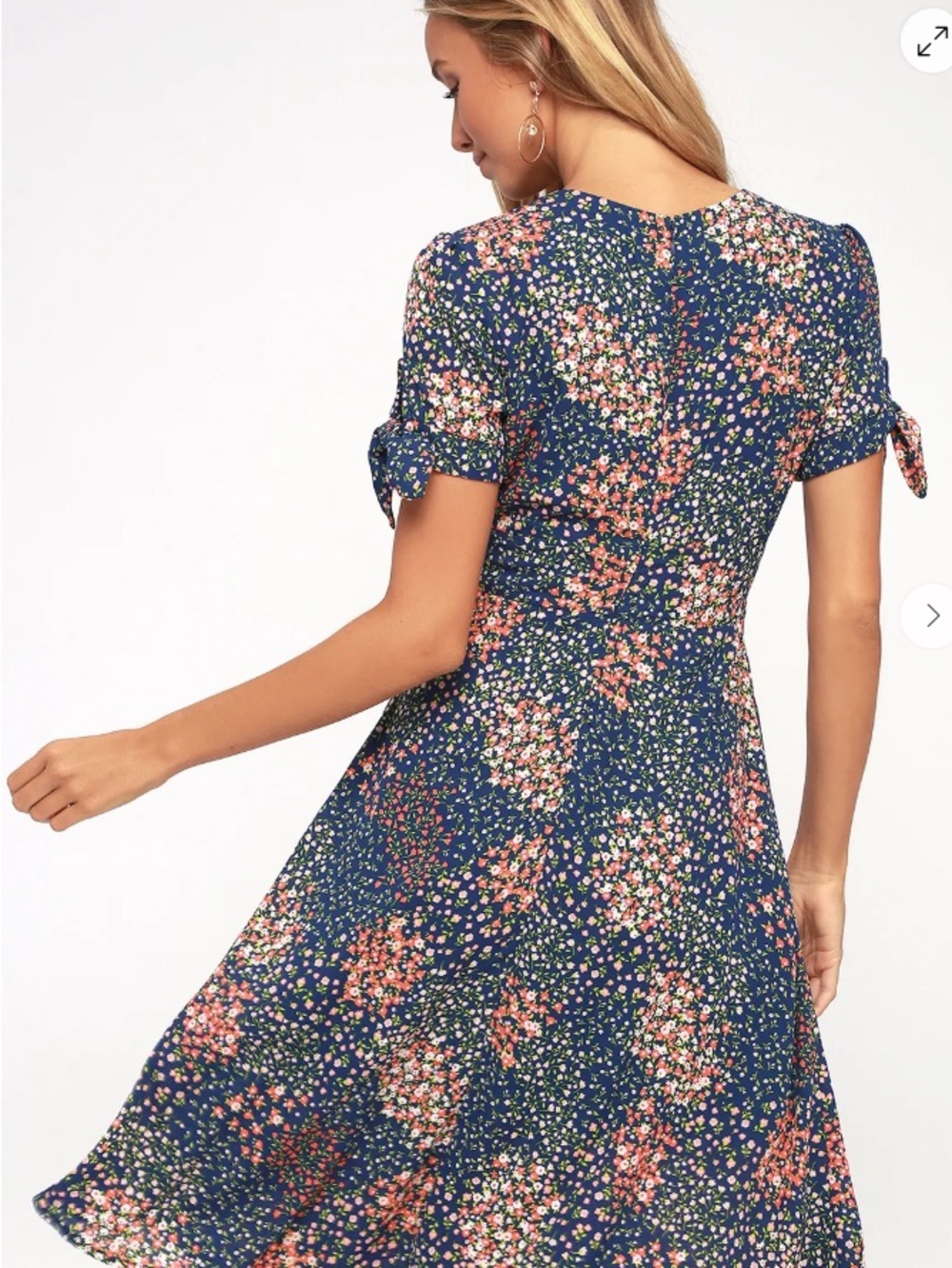 Lulu's Navy Floral V-Neck Midi Dress with Tie Sleeves - Picture 2 of 4